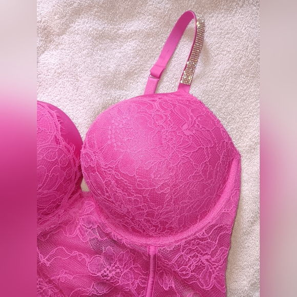Victoria's Secret Very Sexy Hot Pink Lace Shine Strap Push-Up Corset Top. 36D. - Picture 3 of 13